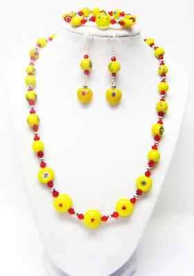 #ad Assorted Yellow Lamp Work Glass Bead Necklace Bracelet Earrings Set $28.95