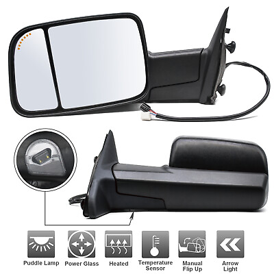#ad Towing Mirrors For 2014 Dodge Ram 1500 2500 3500 Power Heated Puddle Light Black $160.93