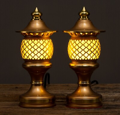 #ad Pair Brass LED Yellow Lamp Electric Light Buddha Shine Table Altar Zen Decors $230.00