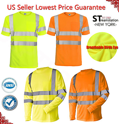 #ad #ad Hi Vis T Shirt ANSI Class 3 Reflective Safety Lime Short Long Sleeve Road Work $13.88
