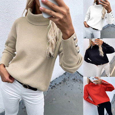 #ad Ladies Women#x27;s Chunky Knitted Top High Polo Roll Neck Baggy Jumper Sweater $29.32