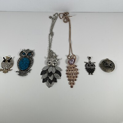 #ad OWL Colorful Pendant Party lot of 5 costume Jewelry Owls And 1 Peacock PreOwned $15.99