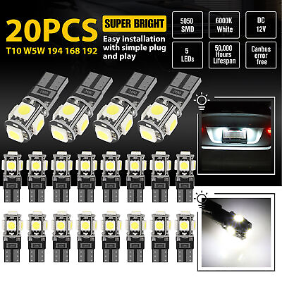 #ad 20x T10 LED Interior Light Map Dome License Plate Bulbs 6000K White 194 168 W5W $6.29