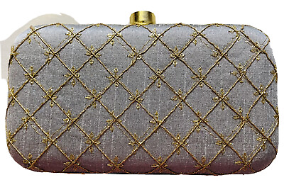 #ad SILVER GOLDEN SILK box CLUTCH PURSE Hard Case Cocktail Evening Bag CRYSTAL USA $25.37