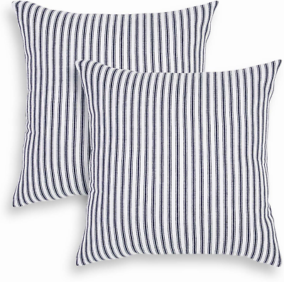 #ad Cackleberry Home Navy Blue and White Ticking Stripe Woven Cotton Decorative Squa $29.96