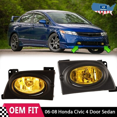 #ad For 06 08 Honda Civic 4 Door Sedan Fog Lights w BezelWiringSwitch Kit Yellow $43.99