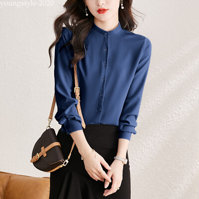 #ad Women Retro Korean Long Sleeve Button Down Tunic Shirt Workwear Tops Blouse M 4X $21.83