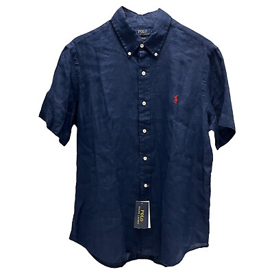 #ad Polo Ralph Lauren Classic Fit 100% Linen Navy Blue Mens Short Sleeve Shirt $110 $62.99