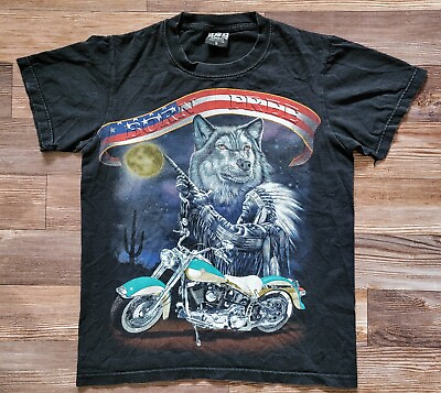 #ad Vintage Born Free T Shirt Y2K Wolf Motorcycle Indian Desert Moon Size S Black $10.80