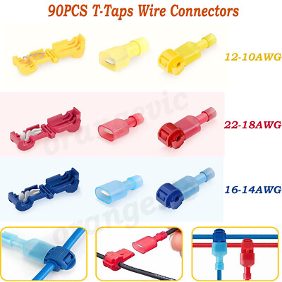 #ad 90PCS Insulated T Taps Quick Splice Wire Terminals Crimp Connectors Kit 22 10AWG $5.29