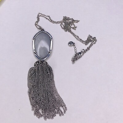 #ad Long Necklace Grey Marbled Stone Tassel Silver Tone Chain Stamped V 28 30quot; $19.29