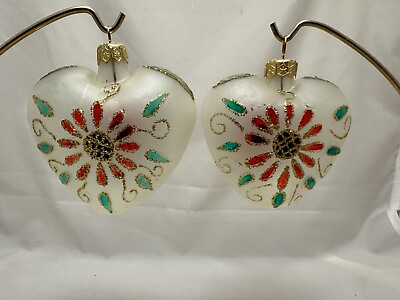 #ad Christopher Radko RARE Hearts amp; Flowers 1990 Blown Glass Ornament Set of 2 *D2 $74.99