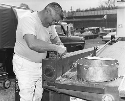 #ad #ad Junior Johnson hard at work on a carburetor in the pit area Old Photo AU $9.00