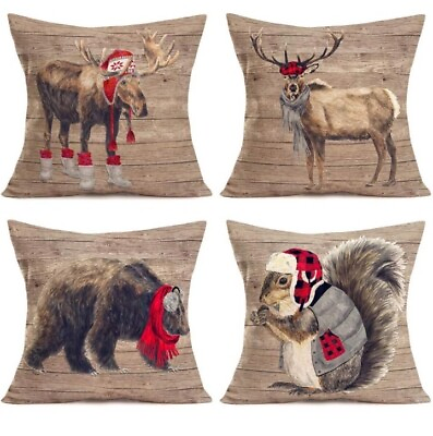#ad Set of 4 Christmas Red Farmhouse Animals Pillow Covers Vintage Bear Moose Deer $18.99