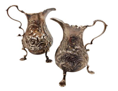 #ad Pair of English Silver Georgian Cream Pitchers with Floral Pattern on Shell Legs $860.00