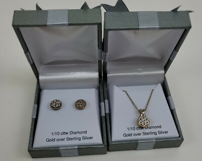 #ad NEW Gold Over Sterling Silver Womens Diamond Earrings amp; Necklace 1 10 Cttw Each $59.99