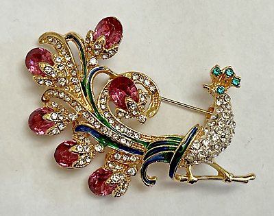 #ad Peacock Bird Crystal Rhinestone Brooch Pin Vintage Green Enamel Pink Clear Glass $11.69
