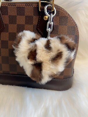 #ad Leopard Print Fluffy Heart Pom Pom Keychain Bag Charm Keyring Birthday Gift $12.99