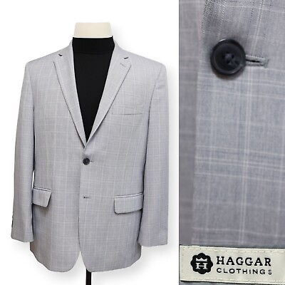 #ad HAGGAR mens light blueish gray plaid classic sport coat suit jacket blazer 40 R $39.99