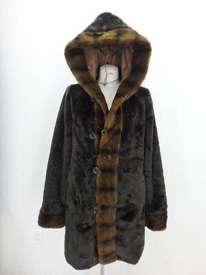 #ad HOODED REVERSIBLE Sheared Beaver Faux Fur Coat Jacket Small Brown Women 42703 $35.00