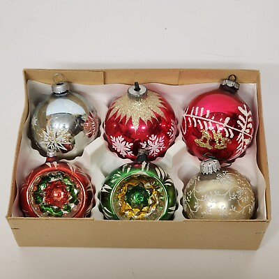 #ad 6 Mercury Glass Glitter Christmas Ornaments Marathon Franke East Germany Box Set $29.95