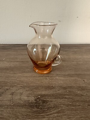#ad Vintage Peach Art Glass Bud Vase Hand Blown Pitcher Applied Handle 4.5”T $10.00