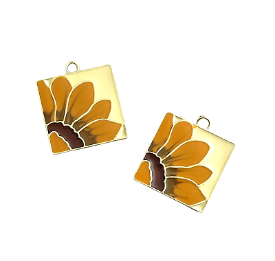 #ad 5 pcs Yellow Sunflowers Gold Enamel Flat Square Bead Drop 21mm Charms Pendants $11.69