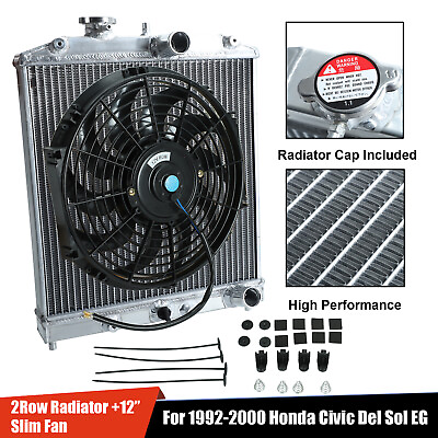 #ad 2 Row Aluminum Radiator12quot; Slim Fan For 1992 2000 Honda Civic Del Sol EG EH EJ $68.88