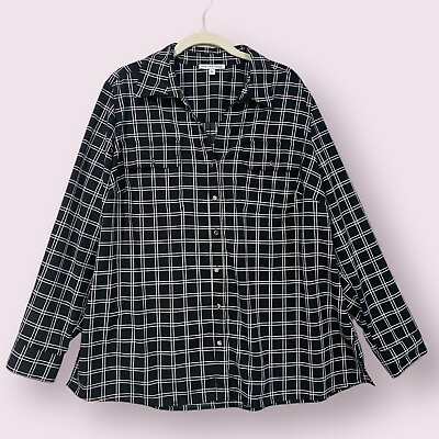 #ad Notations Woman Long Sleeve Button Front Top Blouse Size 2X Classic Black Check $12.99