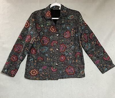 #ad Chicos Jacket Womens 1 Medium Black Floral Beaded Silk Blend Button Front Ladies $39.97