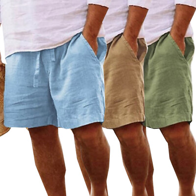 #ad Mens Cotton Linen Shorts Summer Beach Hawaiian Drawstring Waist Short Pants Tops $12.69
