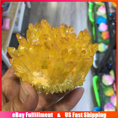 #ad Rare Natural Aura Yellow Titanium Quartz Crystal Cluster Druzy Geode Healing US $9.97