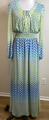 #ad Jessica Simpson Womens Boho Maxi Dress Size 6 Tie Front Green Blue Print $19.76