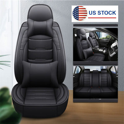 #ad Black PU Leather Auto Seat Cover Cushion w Pillows Full Set For For 5 Sits Car $120.69