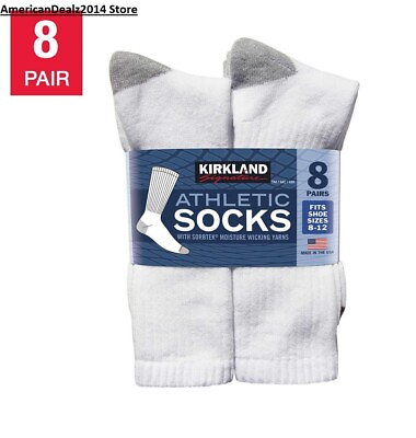 #ad Kirkland Signature Men’s Athletic Sock 8 Pair White Color Made in USA NEW $18.95