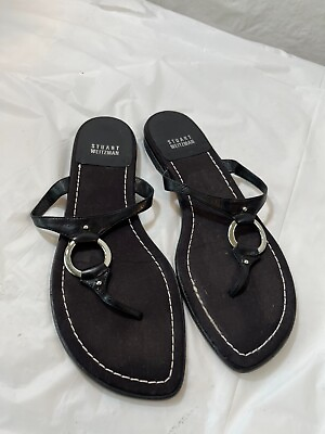 #ad Stuart Weitzman Black Leather Slip On Sandals Silver Buckle size 9 $33.75