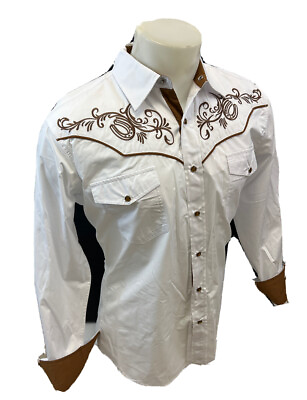 #ad Men RODEO WESTERN Shirt HORSESHOE WHITE BROWN TRIBAL STITCH SNAP UP Cowboy 1145 $44.99