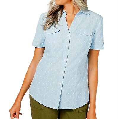 #ad Karen Scott Shirt Blue Chambray Swiss Dot Short Sleeve Button Up NWT Womens 2X $22.95