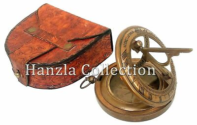 #ad 3quot; Nautical Antique Brass Pocket Sundial Push Button Compass With Leather Case $25.00