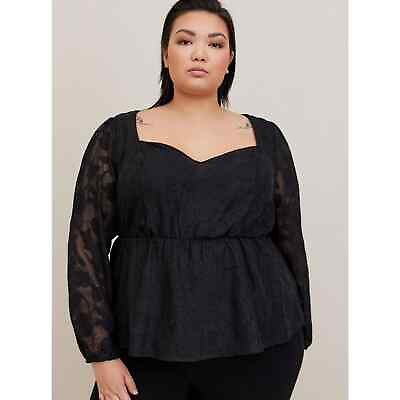 #ad Torrid Shirt womens 2X Black Peplum Chiffon Clip Floral Puff Sleeve Classic Top $36.99