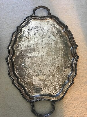 #ad Vintage Antique English Silver plated Gallery Oval Ornate Serving Tray 23quot;L $179.99