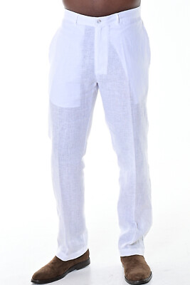 #ad Bohio Men Cotton Spandex White Flat Front Summer Casual Beach Dress Pant MCSP486 $28.99