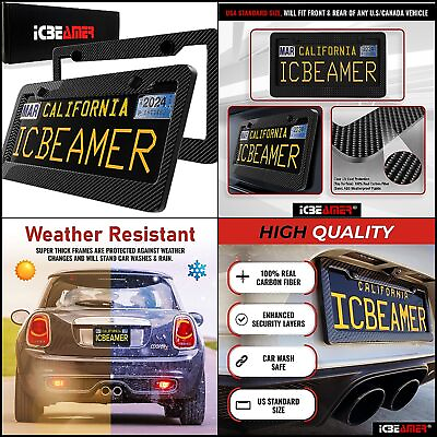 #ad License Plate Frames Gloss Real Carbon Fiber Waterproof Black Plastic Auto Pcs $29.16