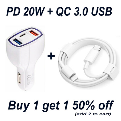 Car 20W PD USB Fast Quick Charger and Cable Adapter for iPhone 12 11 XS XR X 8 7 $10.99