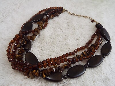 #ad Brown Tiger#x27;s Eye Stone and Bead Necklace F44 $10.92