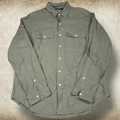 #ad VTG Polo Ralph Lauren 100% Linen Button Up Double Pocket Shirt Mens Size L Olive $36.99