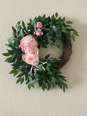 #ad 14” Pink Carnation And Rose Front Door Grapevine Wreath $54.99