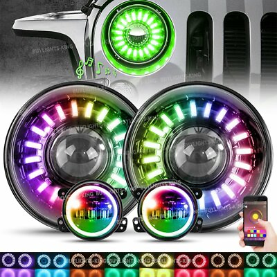 #ad RGB Demon 7#x27;#x27; LED Halo Headlights Fog Lights Combo Kits for Jeep Wrangler JK JKU $209.99