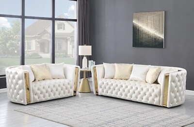 #ad NEW 2PC White Gold Tufted Velvet Sofa Loveseat Living Room Contemporary Glam Set $2199.99