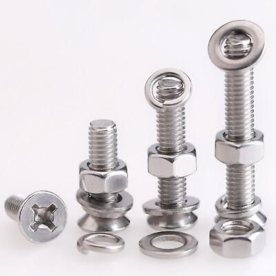 #ad 304 Stainless Steel Phillips Countersunk Head Screws Hex Nuts Flat Spring Washer $4.59